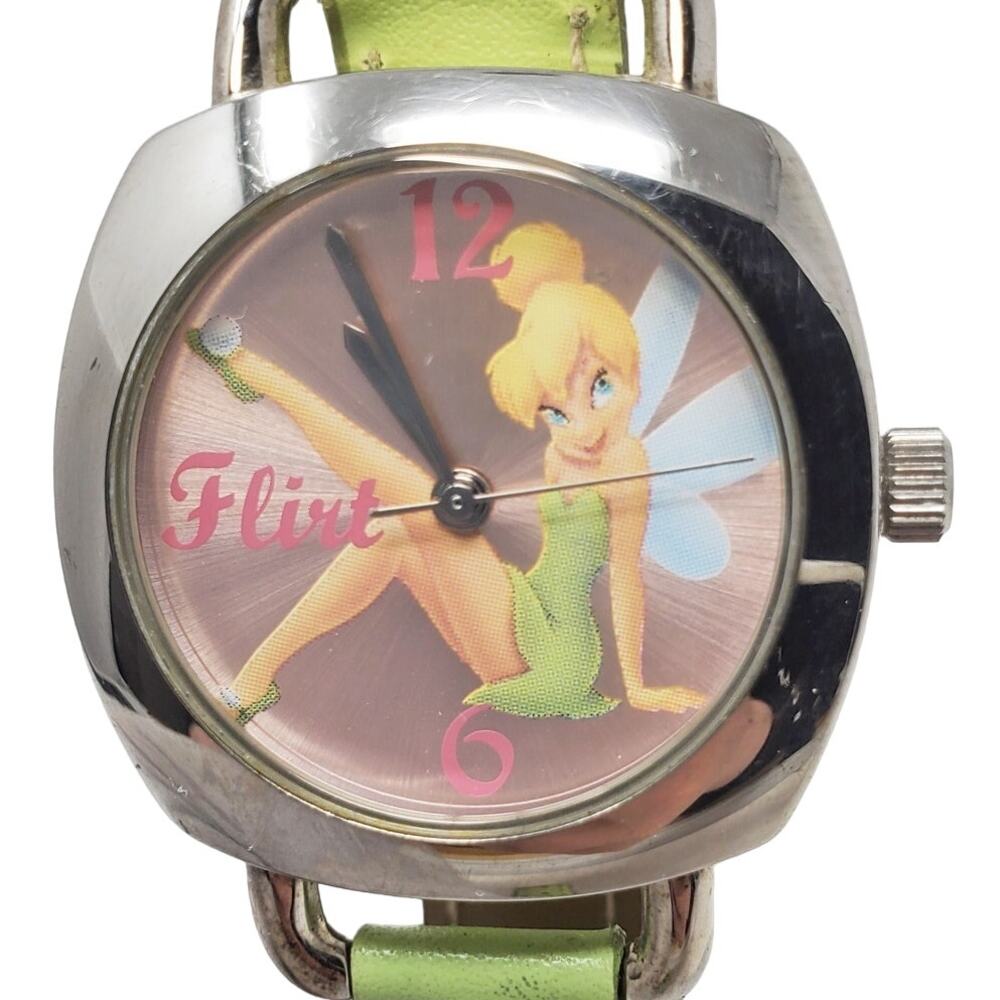 Disney Tinker Bell Silver Watch Green Band Women's Accessory
